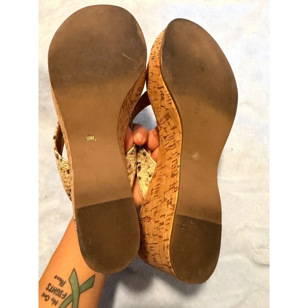 Tory Burch Miller Snakeskin Cork Wedge Sandals Platform Gold Logo Brown 10 1/2M